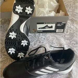 Women’s Adidas Tech Response spiked golf shoes, black with white stripe, NIB